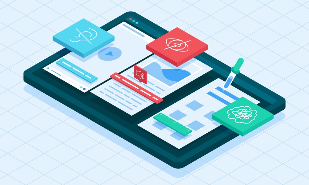 Illustration summarising the topic of accessibility. A tablet device is shown -- above it are 3 key symbols -- an eye, an ear and a pipette -- all of which refer to designing for different human senses.