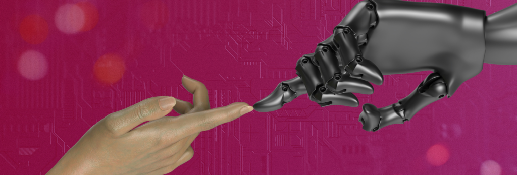 Robot hand touching a synthetic humanoid hand